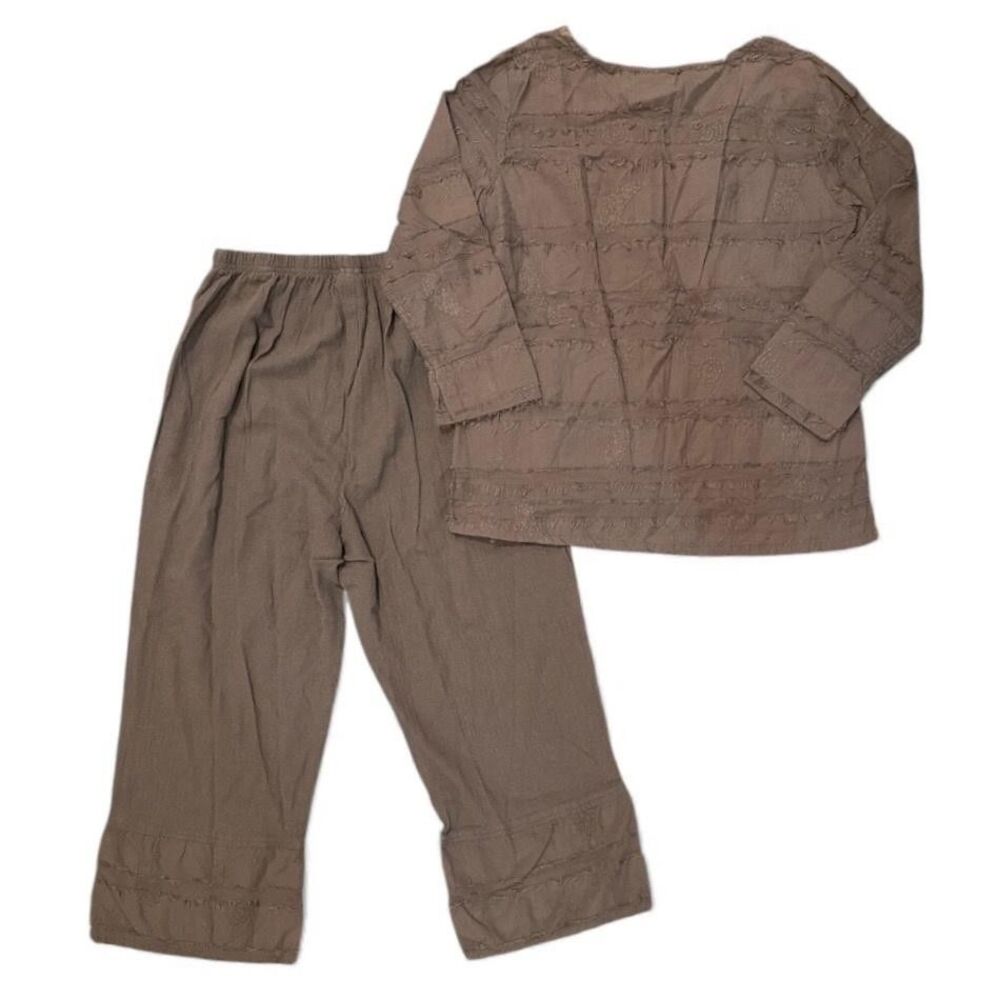 Lulu B 2 Piece Set Womens Small Brown Embroidered Frayed Top Pants Boho Cotton